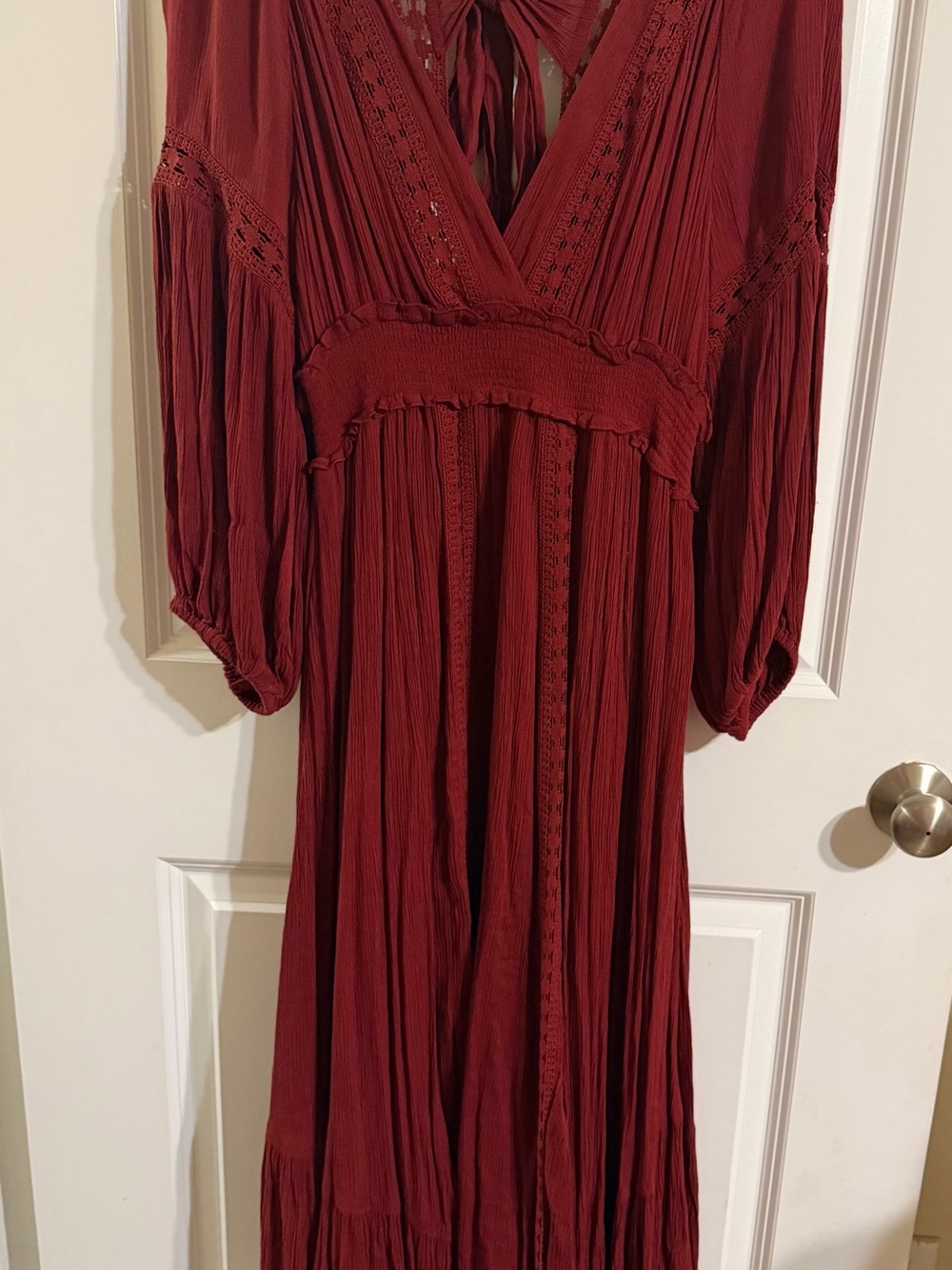 Free People Women's Long Rust Color Boho Maxi Dress - V-Neck Tie Detail